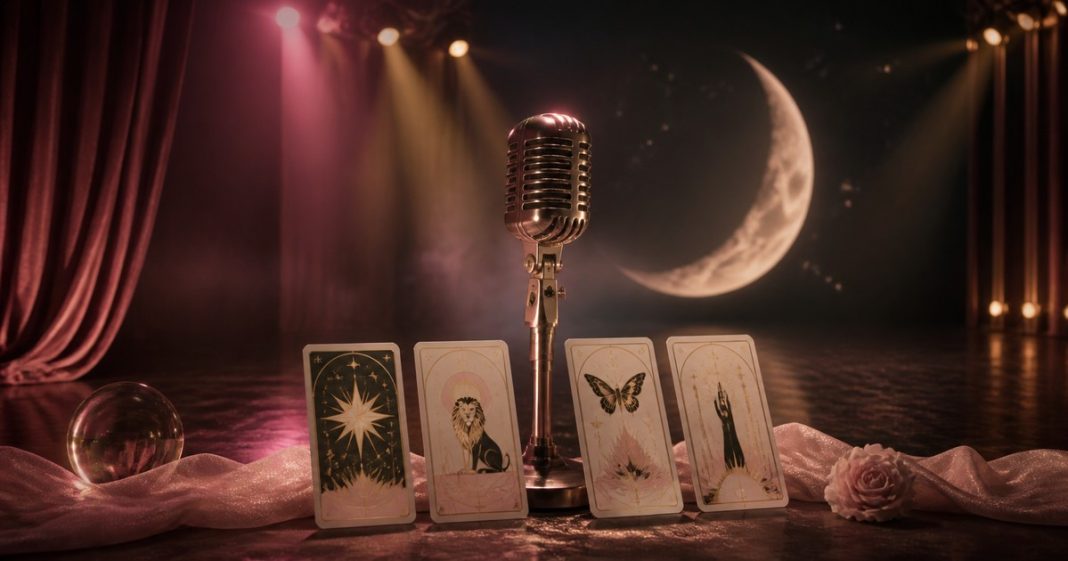 Ariana Grande and Tarot: An Ethical Symbolic Reading Microphone and tarot archetypes on a moonlit theatre stage