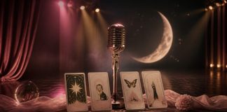 Ariana Grande and Tarot: An Ethical Symbolic Reading Microphone and tarot archetypes on a moonlit theatre stage