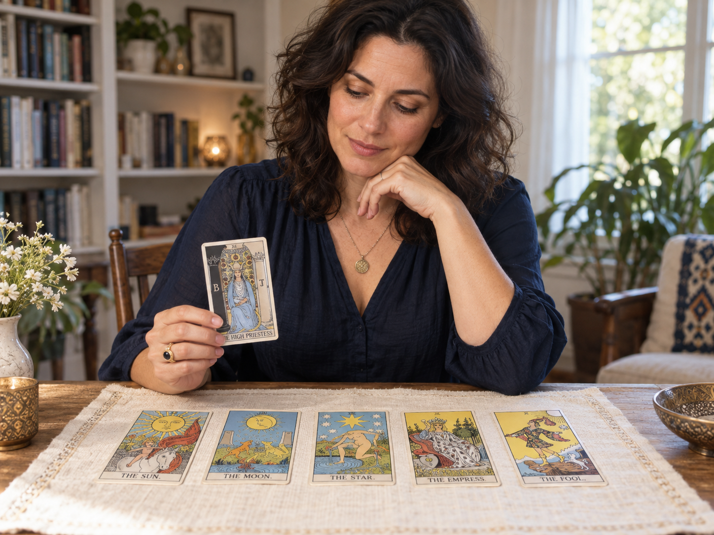 Tarot reader holding the High Priestess card beside a face-up tarot spread in a home reading room