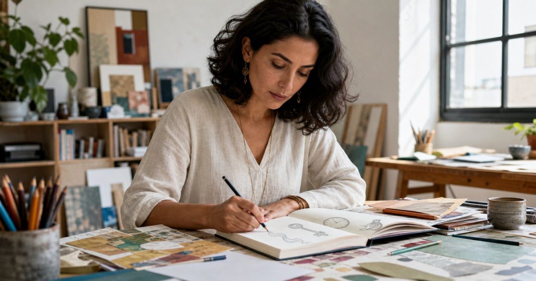 Psychic Symbols: A Personal, Cultural, and Evidence-Aware Guide Woman creating a personal symbol journal in an art studio