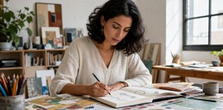 Psychic Symbols: A Personal, Cultural, and Evidence-Aware Guide Woman creating a personal symbol journal in an art studio