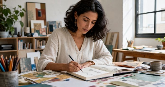 Psychic Symbols: A Personal, Cultural, and Evidence-Aware Guide Woman creating a personal symbol journal in an art studio