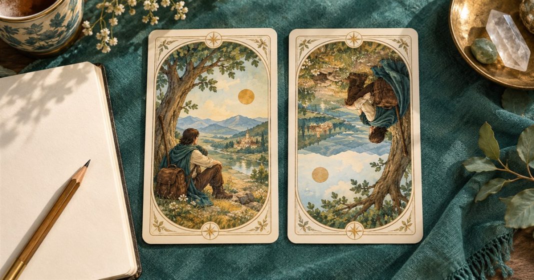 An illustrative tarot card shown upright and reversed beside a study notebook.