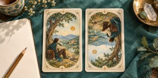 How to Read Tarot Reversals Without Fear or Confusion An illustrative tarot card shown upright and reversed beside a study notebook.