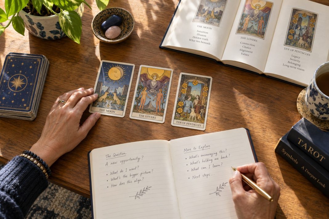 Illustrated tarot cards, a journal and hands arranged on a navy reading cloth