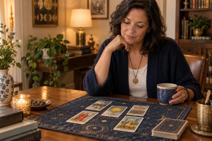 Tarot Meditation: A Short Practice for Quiet Attention — illustrative cover An adult reader studies illustrated tarot cards in a naturally lit setting