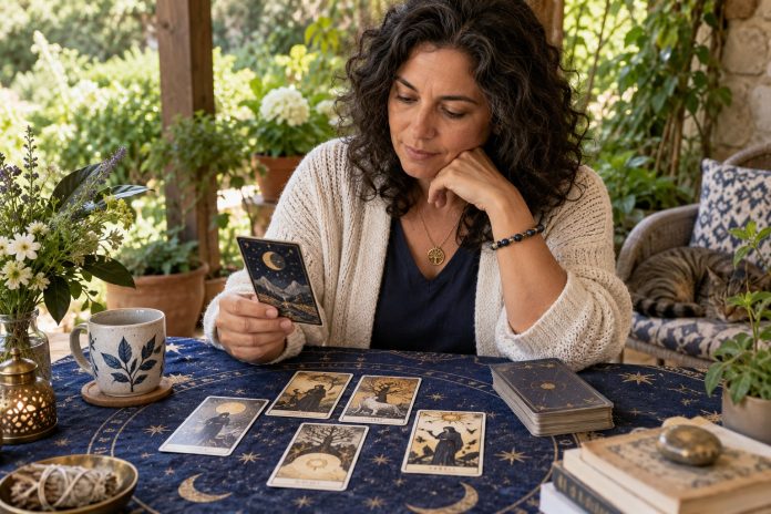 Non-Traditional Tarot Decks: Learn a New Visual Language — illustrative cover An adult reader studies illustrated tarot cards in a naturally lit setting