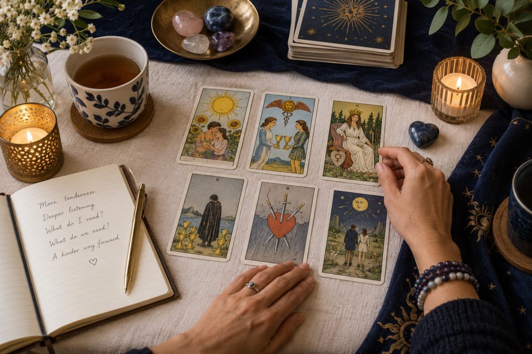 Tarot and Intimacy: A Gentle Reading for Connection — illustrative cover Illustrated tarot cards, a journal and hands arranged on a navy reading cloth