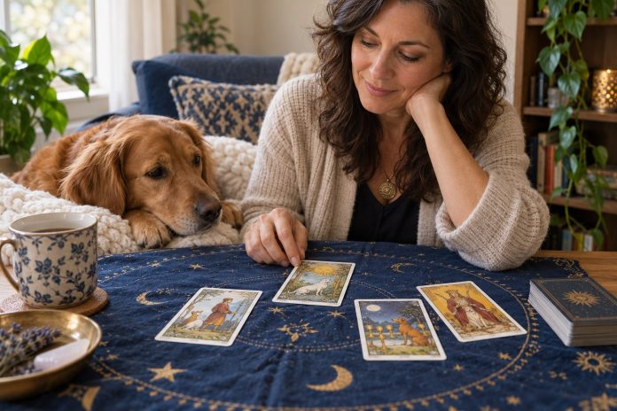 Pet Tarot Readings: Reflect on Care, Connection and Companionship — illustrative cover A reader explores tarot cards at a sunlit table beside her dog