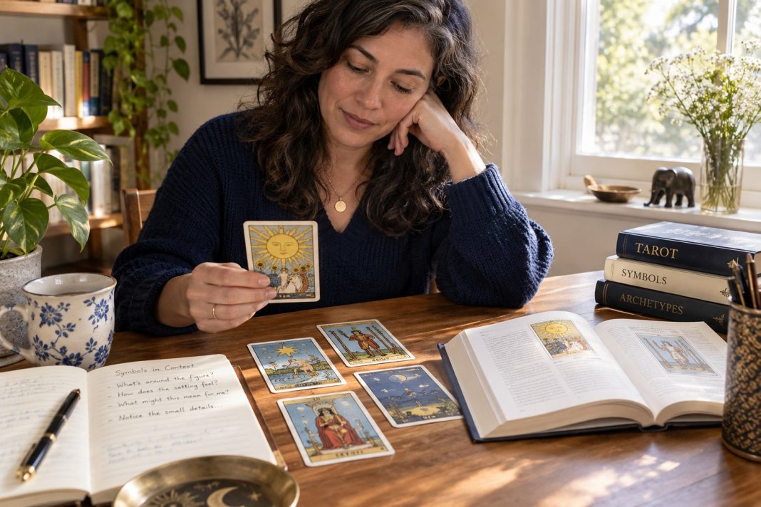 Tarot Symbols: Read Images With Depth and Personal Meaning — illustrative cover An adult reader studies illustrated tarot cards in a naturally lit setting