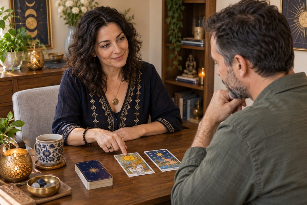 Tarot Birth Cards: Explore Your Personal Numerology Themes — illustrative cover An adult tarot reader discusses a card spread with another adult in a welcoming reading room