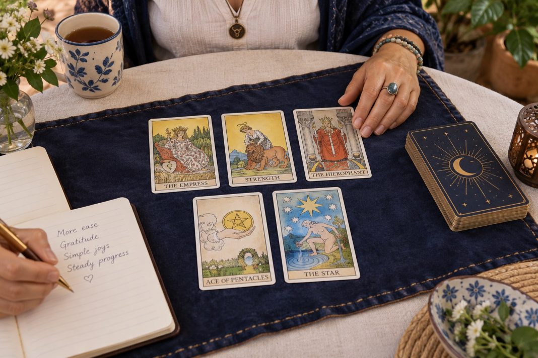 Tarot for Taurus: Explore Values, Comfort and Steady Growth — illustrative cover Illustrated tarot cards, a journal and hands arranged on a navy reading cloth