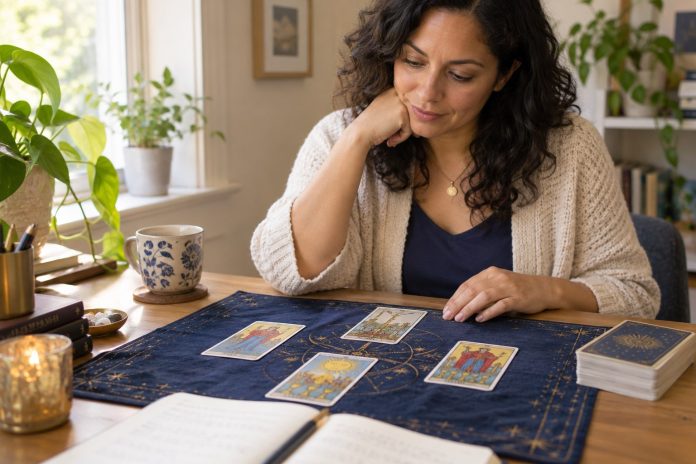 Tarot for Self-Reflection: Questions That Help You Look Within — illustrative cover An adult reader studies illustrated tarot cards in a naturally lit setting
