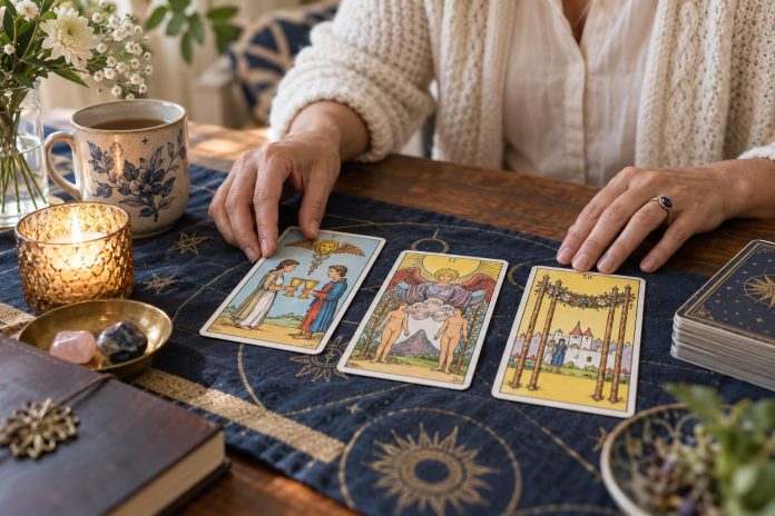 An adult reader studies illustrated tarot cards in a naturally lit setting