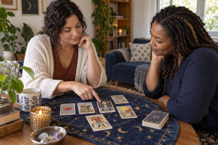 Misunderstood Tarot Cards: Finding Meaning in Challenging Images — illustrative cover An adult tarot reader discusses a card spread with another adult in a welcoming reading room