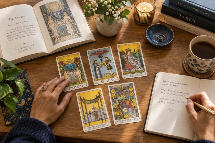 Illustrated tarot cards, a journal and hands arranged on a navy reading cloth