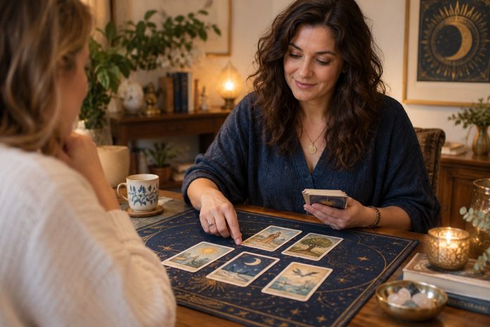 An adult reader studies illustrated tarot cards in a naturally lit setting