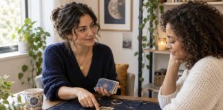 Tarot and Emotional Well-Being: A Gentle Reflective Check-In An adult tarot reader discusses a card spread with another adult in a welcoming reading room