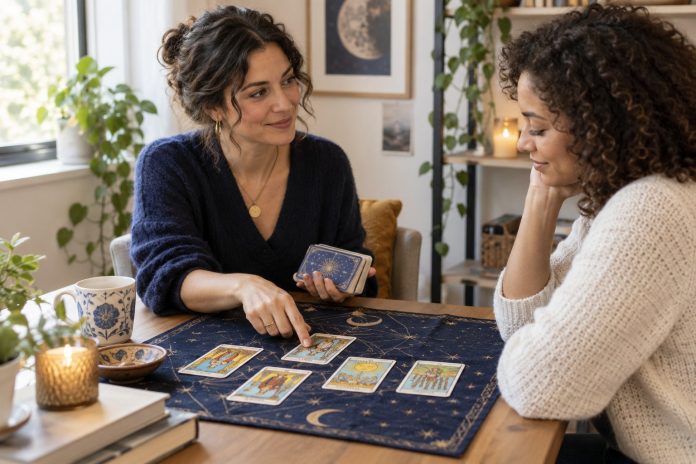 Tarot and Emotional Well-Being: A Gentle Reflective Check-In — illustrative cover An adult tarot reader discusses a card spread with another adult in a welcoming reading room