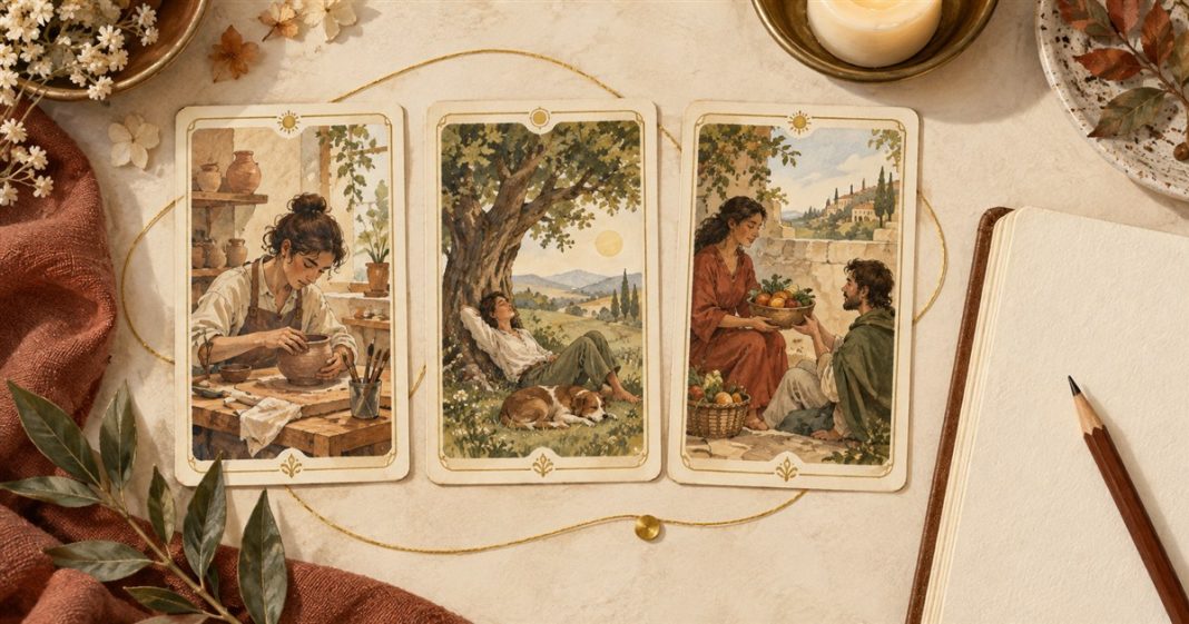 Tarot Card Combinations: A Practical Reading Method Three illustrative tarot cards linked by a curved thread beside a reading journal.