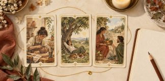 Tarot Card Combinations: A Practical Reading Method Three illustrative tarot cards linked by a curved thread beside a reading journal.