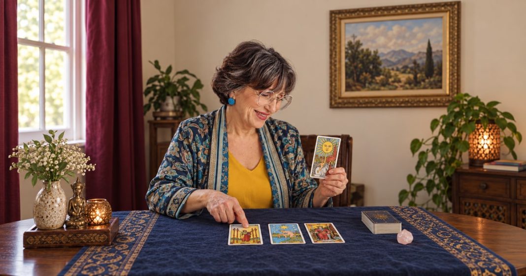 tarot-questions-distinct-model-20261014 A tarot reader considering a three-card spread while holding the Sun card in a realistic reading room.
