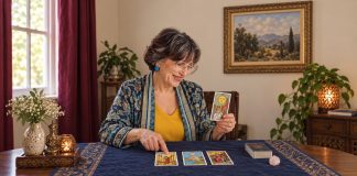 Questions to Ask Tarot: A Practical Question Bank A tarot reader considering a three-card spread while holding the Sun card in a realistic reading room.