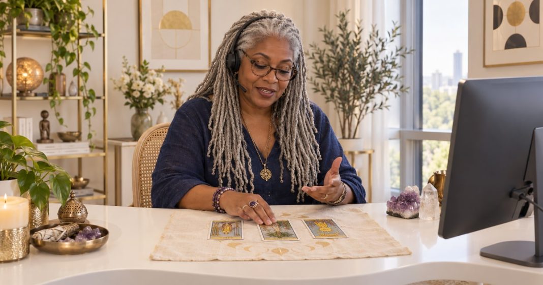 tarot-websites-distinct-model-20261014 Illustrative tarot reader with silver locs using a headset beside a computer, explaining a tarot spread in a bright ivory and gold studio.