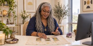 Best Tarot Reading Websites Compared in 2026 Illustrative tarot reader with silver locs using a headset beside a computer, explaining a tarot spread in a bright ivory and gold studio.